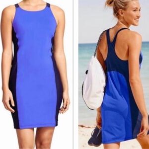 Athleta Blue Black Color Block Racerback Swim Tank Dress Size M Athleisure Beach